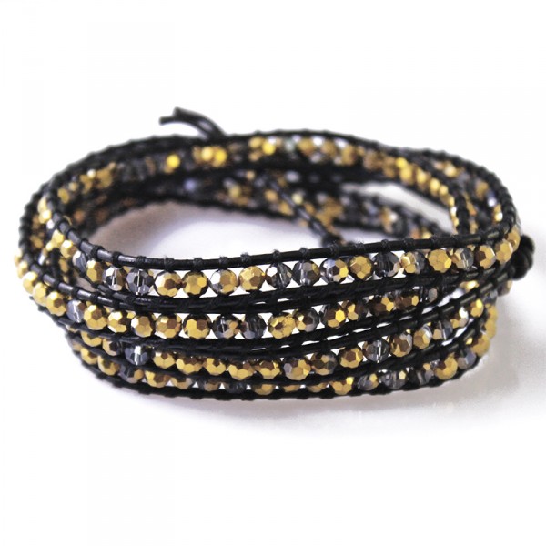 Black and Gold Faceted Beads Brown Leather Wrap Bracelet